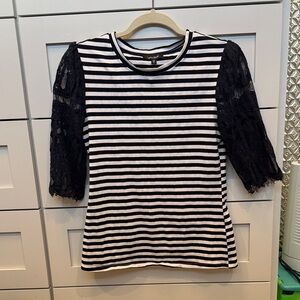 Navy and White Striped Top with Lace Sleeves